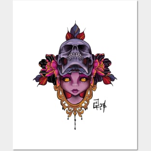 Girl face skull peonies Posters and Art